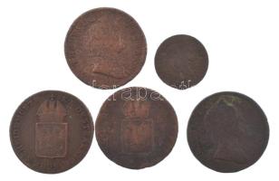 1762K 1kr Cu "Mária Terézia" + 1816B 1kr Cu (2x) + 1851B 1/4kr Cu + Ausztria 1760W 1kr Cu ...