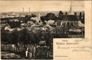 1904 Szerencs, látkép, templom, boroshordó. Gödör Sándor kiadása