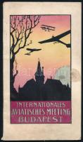 Internationales aviatisches Meeting Budapest, Juni 1910. Unter Mitwirkung des ,,Nemzeti Sport. Bp., 1910, Jókai-ny., 47+(1) p. Fekete-fehér fotókkal illusztrálva. Német nyelven. Kiadói papírkötés, hullámos, kissé foltos borítóval, a hátsó borító és az utolsó néhány lap sarkán kisebb sérüléssel. (Budapesti Nemzetközi Repülőverseny, 1910. június. Az első Magyarországon megrendezett repülő világverseny német nyelvű programfüzete; benne a résztvevők és szervezők névsorával, életrajzi ismertetésekkel, a versenyszámok díjazásával, a verseny helyszínének térképével, korabeli hirdetésekkel).