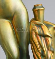 Zsolnay vetkőző akt. Eozin mázas porcelánfajansz. Mázrepedésekkel, jelzett: Zsolnay öttornyos márkaj...