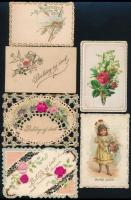 cca 1880-1900 Dekoratív üdvözlőkártyák/lapok (dombornyomott, litho, csipkés), 6 db különféle, 12x7,5 cm
