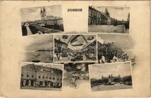 Zombor, Sombor; Szabadság tér, Vadászkürt szálloda, Kossuth Lajos utca, a jövőben montázs. Kaufmann Emil kiadása / square, hotel, street, in the future montage (EK)