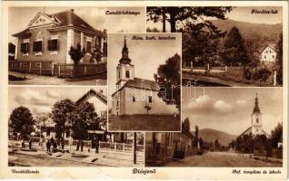 1937 Diósjenő, Csendőrlaktanya, Főerdész lak, Római katolikus templom, vasútállomás, református templom és iskola + "BUDAPEST-VÁC-BALASSAGYARMAT 148." vasúti mozgóposta