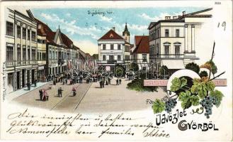 1899 (Vorläufer) Győr, Széchenyi tér, zászlós felvonulás. Berecz Viktor kiadása Art Nouveau, floral, litho (EB)