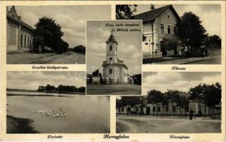 1934 Hercegfalva (Mezőfalva), Erzsébet királyné utca, tó, községháza, római katolikus templom, Hősök szobra, vasútállomás