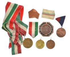~1954-1984. 5db-os vegyes bronz és aranyozott bronz sport díjérem tétel, közte kerékpár, asztalitenisz, birkózás díjérem füllel, hátoldalukon többségben gravírozott felirattal, 7db trikolor és egyéb mellszalaggal T:XF,VF