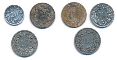 Svájc 1881. 20r Ni + 1885. 20r Ni + 1890. 2r bronz + 1932. 2r bronz + 1939. 10r Ni + 1979. 20r Al "Ag. Sigg Frauenfeld" minipénz T:XF-F Switzerland 1881. 20 Rappen Ni + 1885. 20 Rappen Ni + 1890. 2 Rappen bronze + 1932. 2 Rappen bronze + 1939. 10 Rappen Ni + 1979. 20 Rappen Al "Ag. Sigg Frauenfeld" miniature coin C:XF-F