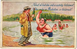 1942 Balaton, Nézd el babám ezt a csekély hibámat. Néha még a Balaton is kiárad! humoros karikatúra (fa)