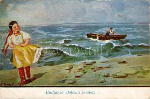 1945 Balaton, Hullámzó Balaton tetején... magyar folklór művészlap (EB)