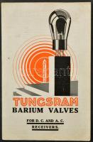 cca 1930 Tungram Barium Valves, kihajtható, angol nyelvű rádióalkatrész-árjegyzék, szakadásokkal, kihajtva: 59,5x23 cm