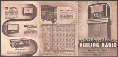 1941 Philips rádió, árusítja: Barta és Társa, Bp., kihajtható, illusztrált reklámprospektus és árjeg...