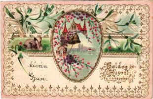 1903 Boldog húsvéti ünnepeket! Szecessziós dombornyomott litho üdvözlet / Easter Art Nouveau, floral, embossed, litho greeting