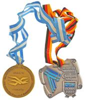 NSZK 1989. "Úszó Európa-bajnokság Bonn 1989" festett fém díjérem nyakszalagon (82x87mm) + Görögország 1991. "20. Úszó Európa-bajnokság Athén 1991" bronz díjérem nyakszalagon (70mm) T:AU FRG 1989. "European Swimming Championship Bonn 1989" painted metal award medal on neck ribbon (82x87mm) + Greece 1991. "20th European Swimming Championship Athens 1991" bronze award medal on neck ribbon (70mm) C:AU