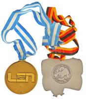 NSZK 1989. "Úszó Európa-bajnokság Bonn 1989" festett fém díjérem nyakszalagon (82x87mm) + ...