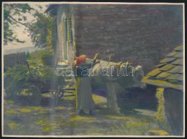 Falusi életképek, 4 db művészi igényű, utólagosan színezett fotó, az egyiken 1931-es jelzéssel (olva...