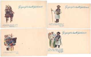 4 db RÉGI magyar folklór művészlap: Göre levelezőlapok / 4 pre-1945 Hungarian folklore art postcards