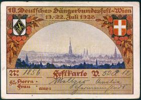 1928 Wien Sängerfest képeslap alakú ingyenes utazásra jogosító belépő / Postcard sized free travel and entry ticket