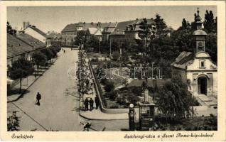 1940 Érsekújvár, Nové Zamky; Széchenyi utca, Szent Anna kápolna, benzinkút / street view, chapel, gas station (EK)