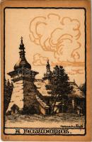 Felvidékről, fatemplom. Kiadja a Magyar Jövő / wooden church in Slovakia, Hungarian irredenta propaganda, artist signed (EK)