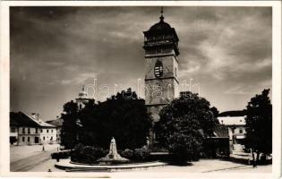 1940 Rozsnyó, Roznava; Rákóczi tér, Őrtorony, Gróf Andrássy Dénesné (Franciska) szobor, üzletek. Fuchs József kiadása / watchtower with Hungarian irredenta propaganda and coat of arms, statue, monument, shops