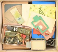 Nagy terepasztal tétel, több mozdonnyal, számtalan tereptárggyal: tárgyak, sínek, építmények, házak,...