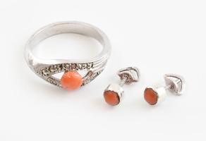Ezüst (Ag) fülbevaló és gyűrű szett, korall ékítéssel. 5,2 g Jelzett