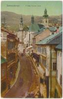 Selmecbánya, Banská Stiavnica; Deák Ferenc utca, piac, szálloda. Joerges kiadása 1910. / street view, market, hotel (EK)