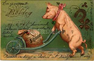 1904 Boldog Újévet / New Year greeting art postcard with pig with bag of money, clovers, horseshoe. Art Nouveau, Emb. litho (lyuk / pinhole)