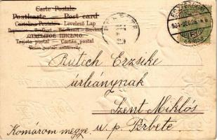 1904 Boldog Újévet / New Year greeting art postcard with pig with bag of money, clovers, horseshoe. ...