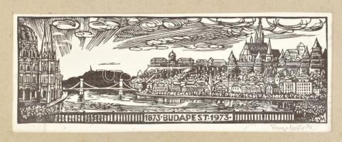 Varga Mátyás (1910-2002): Budapest 1873-1973. Fametszet, papír, jelzett, paszpartuban. 9x26 cm.