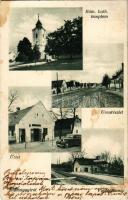 1941 Bakonygyirót, Római katolikus templom, vasútállomás, utca részlet, üzlet, automobil. Schábel Antal kiadása (fl)
