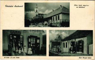 1938 Szakcs, Római katolikus templom az iskolával, Schaller László és Gáti József üzlete. Foto Neuvelt (EK)