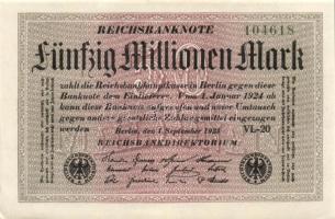 Német Birodalom / Weimari Köztársaság 1923. 50.000.000M (6x) kétféle vízjellel, közte kis ugrású ill. egymás utáni sorszámokkal T:II,II+