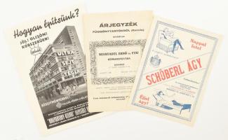 cca 1930-35 3 db reklám nyomtatvány: Neustadtl Ernő és Fiai, Bp., Vilmos császár út, illusztrált árjegyzék függönytartókról, 4 sztl. oldal + Schőberl ágy, nappal fotel, éjjel ágy, illusztrált reklám nyomtatvány + "Nagybátony-Ujlaki" Egyesült Iparművek R.-T., Bp., Vilmos császár út, ultra sejt tégla, illusztrált reklám nyomtatvány, hátoldalán BNV 1933 felirattal