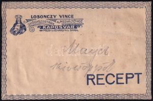 cca 1940 Kaposvár, Losonczy Vince Gyógyszertára a Megváltóhoz receptboríték, benne recepttel, hátoldalán foltos, 11x7 cm