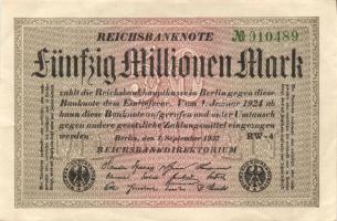 Német Birodalom / Weimari Köztársaság 1923. 50.000.000M (7x) fehér papíron, közte egymás utáni ill. ...