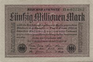 Német Birodalom / Weimari Köztársaság 1923. 50.000.000M (5x) szürke papíron, egymás utáni ill. kis ugrású sorszámokkal T:II,II+
