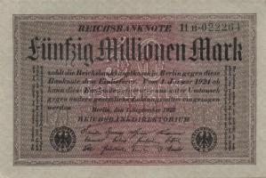 Német Birodalom / Weimari Köztársaság 1923. 50.000.000M (5x) szürke papíron, egymás utáni ill. kis u...