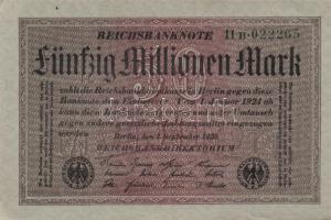 Német Birodalom / Weimari Köztársaság 1923. 50.000.000M (5x) szürke papíron, egymás utáni ill. kis u...