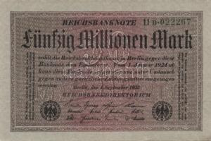 Német Birodalom / Weimari Köztársaság 1923. 50.000.000M (5x) szürke papíron, egymás utáni ill. kis u...