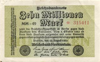 Német Birodalom / Weimari Köztársaság 1923. 10.000.000M (4x) "Wellen" vízjellel, közte közeli sorszámokkal T:II