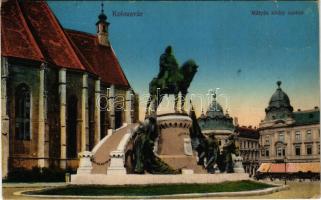 1916 Kolozsvár, Cluj; Mátyás király szobor. Vasúti levelezőlapárusítás 2. sz. 1915. / statue, monument (kis szakadás / small tear)