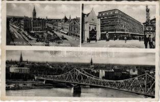 1941 Újvidék, Novi Sad; Trg oslobodjenja, Panorama, Apoteka / Városháza, gyógyszertár, villamos, híd / town hall, pharmacy, tram, bridge (EK)