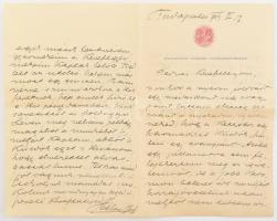 1903 Rákosi Jenő (1842-1929) író, újságíró színházigazgató autográf levele Kedves Keresztlányom! megszólítással. A levélben arról ír, hogy a Millenniumra felkérték egy darab írására, amelyért 100 millenniumi aranyérmét kapott, melyekből csak családjának és barátainak adott és e levél mellékleteként az utolsó darabot keresztlányának adja. érdekes írás 4 beírt oldalon