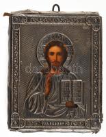 cca 1900 Antik ikon, Pantokrátor Krisztus, ezüst okláddal, oldalain és hátoldalán bársonnyal bevont, 11,5x9 cm