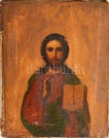 cca 1900 Antik ikon, Pantokrátor Krisztus, ezüst okláddal, oldalain és hátoldalán bársonnyal bevont,...