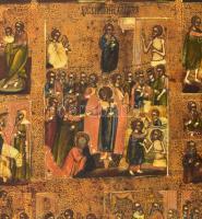 19. századi orosz ikon: Ünnepi ikon. Tojástempera, fa. Hátoldala tisztított. Kis kopással, szép álla...