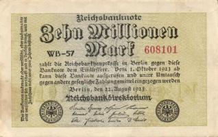 Német Birodalom / Weimari Köztársaság 1923. 10.000.000M (5x) közte közeli ill. egymás utáni sorszámo...