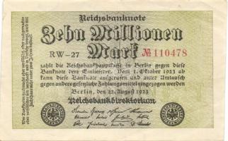 Német Birodalom / Weimari Köztársaság 1923. 10.000.000M (5x) egymás utáni ill. közeli sorszámokkal T...