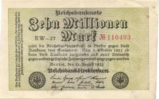 Német Birodalom / Weimari Köztársaság 1923. 10.000.000M (5x) egymás utáni ill. közeli sorszámokkal T...